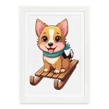 Funny dog with sled - Framed poster (27 × 37 cm) - white - Front