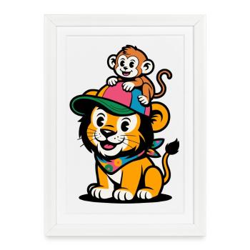 Lion et Singe mignons – Meilleurs amis - Affiche encadrée (27 × 37 cm) - blanc - Devant