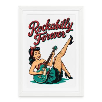 Rockabilly Forever : Pin-up Woman avec guitare électrique Retr - Affiche encadrée (27 × 37 cm) - blanc - Devant