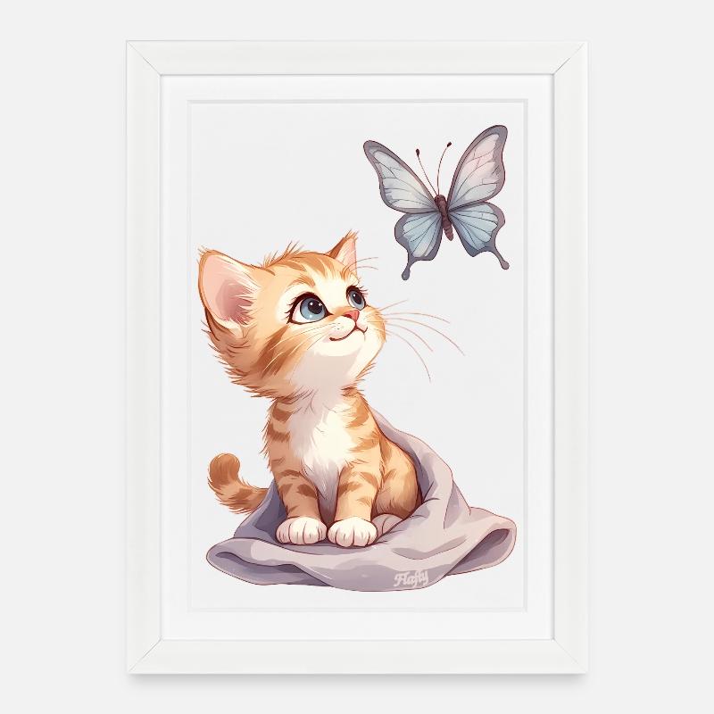 Kawaii Curious Chatten et Papillon 🐱🦋 - Affiche encadrée (27 × 37 cm) - blanc