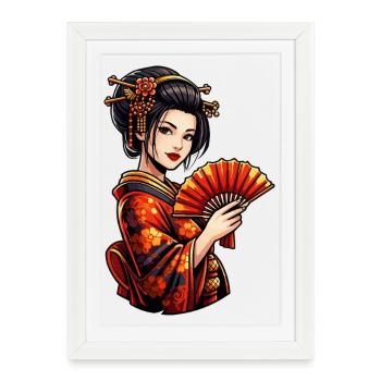 Geisha en kimono rouge avec éventail - Affiche encadrée (27 × 37 cm) - blanc - Devant