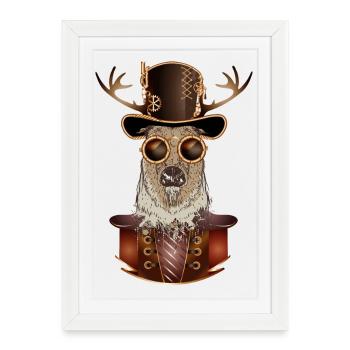 Cerf steampunk avec chapeau cylindrique et lunettes - Affiche encadrée (27 × 37 cm) - blanc - Devant
