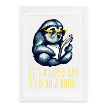 Paresseux lit un livre, lit, livres, bibliothèque - Affiche encadrée (27 × 37 cm) - blanc - Devant