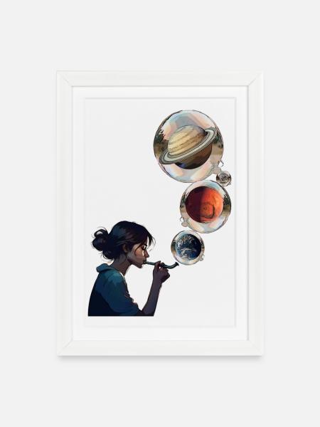 Kontemplative Frau mit kosmischen Planeten - Gerahmtes Poster (27 × 37 cm) - Weiß