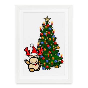 Reindeer Elmondo in front of a colorful Christmas tree - Framed poster (27 × 37 cm) - white - Front
