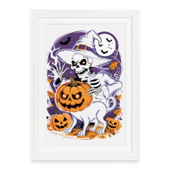 Halloween Skelett Hexe mit Kürbissen - Gerahmtes Poster (27 × 37 cm) - Weiß - Vorne