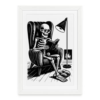 Squelette de lecture dans la chaise de lecture - Affiche encadrée (27 × 37 cm) - blanc - Devant