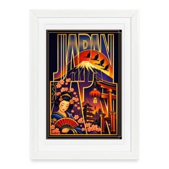 Japan Art Illustration – Mont Fuji, Torii, Sakura - Affiche encadrée (27 × 37 cm) - blanc - Devant