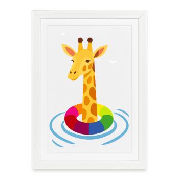 Giraffe with Swimming Rings – Summer Fun in Style - Framed poster (27 × 37 cm) - white - Front