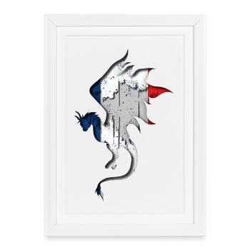 Drapeau de la France - France - Silhouette de dragon - Affiche encadrée (27 × 37 cm) - blanc - Devant