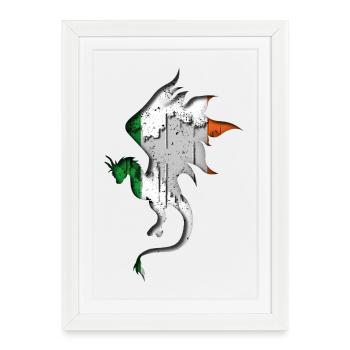 Drapeau de l’Irlande - Irlande - Silhouette de dragon - Affiche encadrée (27 × 37 cm) - blanc - Devant