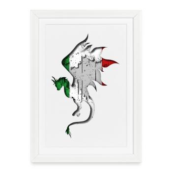 Drapeau de l’Italie - Italie - Silhouette de dragon - Affiche encadrée (27 × 37 cm) - blanc - Devant