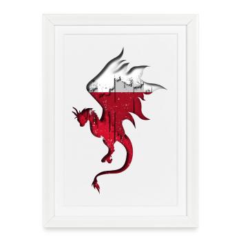 Drapeau de la Pologne - Pologne - Silhouette de dragon - Affiche encadrée (27 × 37 cm) - blanc - Devant