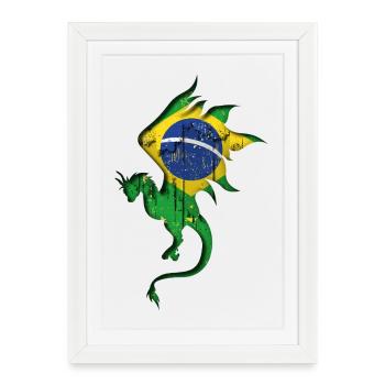 Drapeau du Brésil - Brésil - Dragon Silhouette - Affiche encadrée (27 × 37 cm) - blanc - Devant