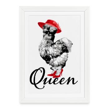 Poulet avec un chapeau de dame et des talons hauts, poulet soyeux, - Affiche encadrée (27 × 37 cm) - blanc - Devant