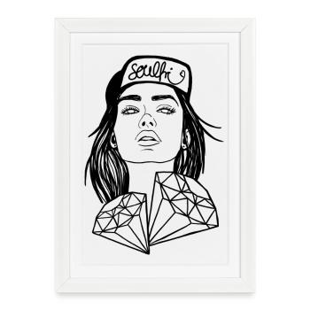 Femme avec des diamants – Dessin au trait Portrait soulfri - Affiche encadrée (27 × 37 cm) - blanc - Devant