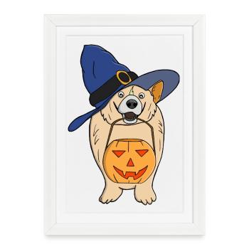 Citrouille Sorcière Chien - Affiche encadrée (27 × 37 cm) - blanc - Devant