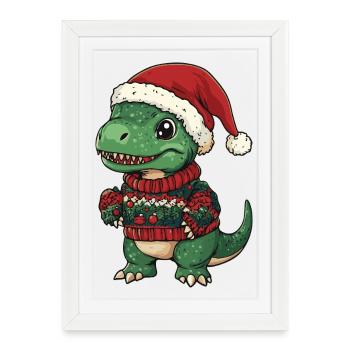 Dinosaure T-Rex Noël - Affiche encadrée (27 × 37 cm) - blanc - Devant