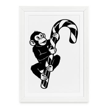 Dessin animé drôle de singe de Noël avec une canne d’orge - Affiche encadrée (27 × 37 cm) - blanc - Devant