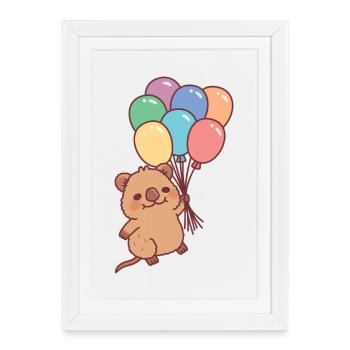 Cute Smiling Quokka Flying With Rainbow Balloons - Framed poster (27 × 37 cm) - white - Front