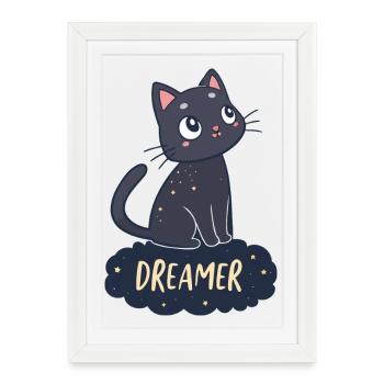 Chat rêveur nuit étoilée - Affiche encadrée (27 × 37 cm) - blanc - Devant