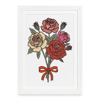 Bouquet de roses romantique classique avec ruban rouge - Affiche encadrée (27 × 37 cm) - blanc - Devant