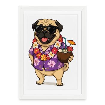 Pug Hawaiian look with cocktail - Framed poster (27 × 37 cm) - white - Front