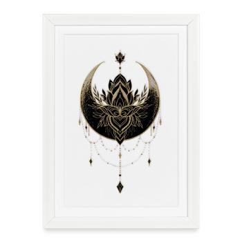 Superbe lune noire dorée avec fleur de lotus. - Affiche encadrée (27 × 37 cm) - blanc - Devant
