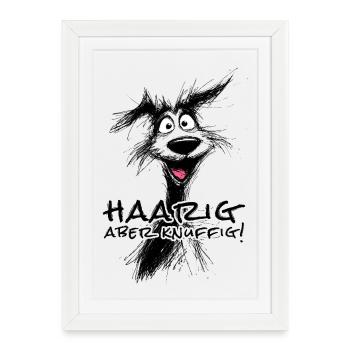 Croquis amusant de chien – poilu mais câlin - Affiche encadrée (27 × 37 cm) - blanc - Devant
