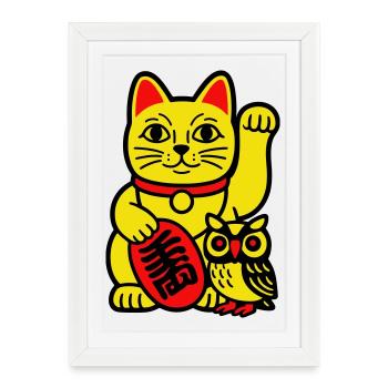 Chat chanceux avec petit hibou - Affiche encadrée (27 × 37 cm) - blanc - Devant