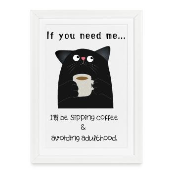 Funny Cat Coffee – Éviter l’âge adulte - Affiche encadrée (27 × 37 cm) - blanc - Devant