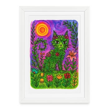 Vibrant Floral Cat Fantasy - Framed poster (27 × 37 cm) - white - Front