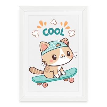 Chaton skateboard kawaii tendance - Affiche encadrée (27 × 37 cm) - blanc - Devant