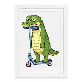 Dessin animé Crocodile Scooter Amitié Solitaire - Affiche encadrée (27 × 37 cm) - blanc - Devant