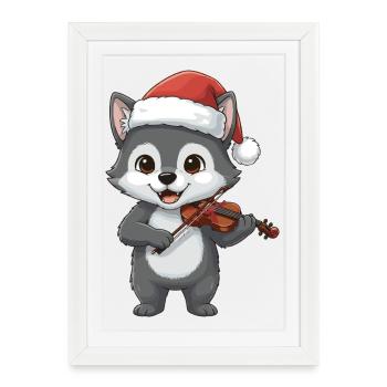 Loup de Noël jouant de l’art du violon - Affiche encadrée (27 × 37 cm) - blanc - Devant