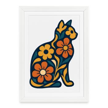 Flower cat in midnight blue - Framed poster (27 × 37 cm) - white - Front