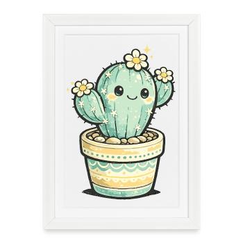 Fleur de cactus Kawaii dans le pot - Affiche encadrée (27 × 37 cm) - blanc - Devant