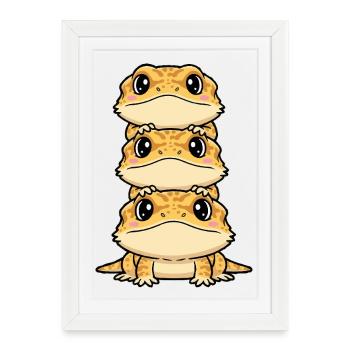Stacked Gecko Trio Kawaii Print - Framed poster (27 × 37 cm) - white - Front