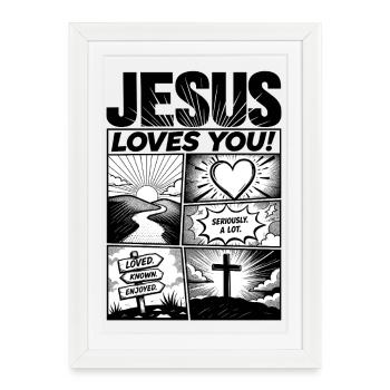 Conception de bandes dessinées « Jésus t’aime » - Affiche encadrée (27 × 37 cm) - blanc - Devant