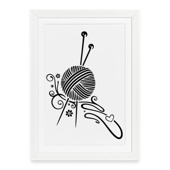 Aiguilles à tricoter à la laine et aux fleurs. - Affiche encadrée (27 × 37 cm) - blanc - Devant