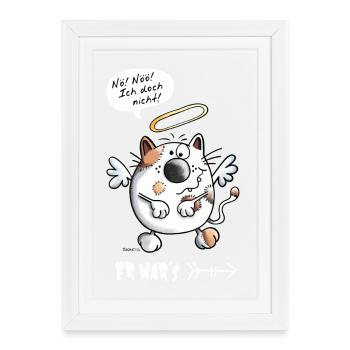 Er war's - Katze - Katzen - Engel - Comic - Gerahmtes Poster (27 × 37 cm) - Weiß - Vorne