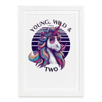 Young, Wild & Two – Anniversaire de la licorne cool - Affiche encadrée (27 × 37 cm) - blanc - Devant