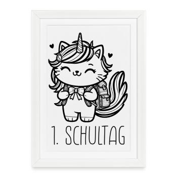 1er jour d’école Chat licorne (noir) - Affiche encadrée (27 × 37 cm) - blanc - Devant