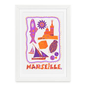 Marseille rétro - voyage et méditerranée - Affiche encadrée (27 × 37 cm) - blanc - Devant