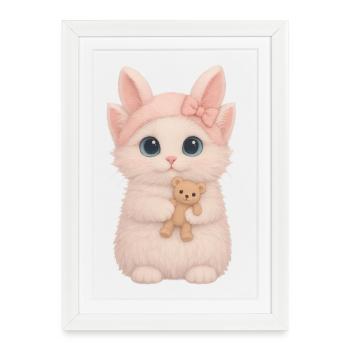 Chat mignon moelleux avec ours en peluche - Affiche encadrée (27 × 37 cm) - blanc - Devant