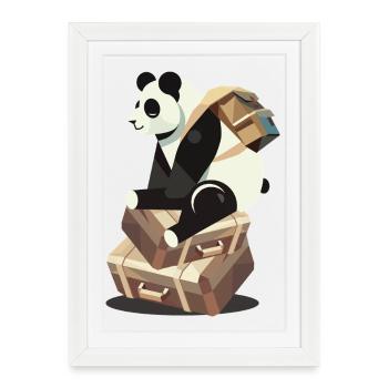 Panda assis sur des valises, prêt pour de nouvelles aventures - Affiche encadrée (27 × 37 cm) - blanc - Devant
