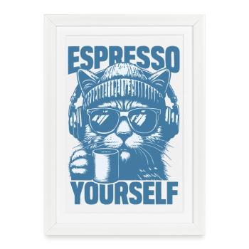 « Espresso Yourself » Chat frais avec café - Affiche encadrée (27 × 37 cm) - blanc - Devant
