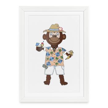 Singe au chapeau de paille et à la chemise hawaïenne - Affiche encadrée (27 × 37 cm) - blanc - Devant