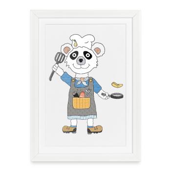 Un ours panda en chef avec poêle et sushi - Affiche encadrée (27 × 37 cm) - blanc - Devant
