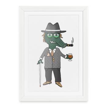 Lézard en costume avec un cigare - Affiche encadrée (27 × 37 cm) - blanc - Devant